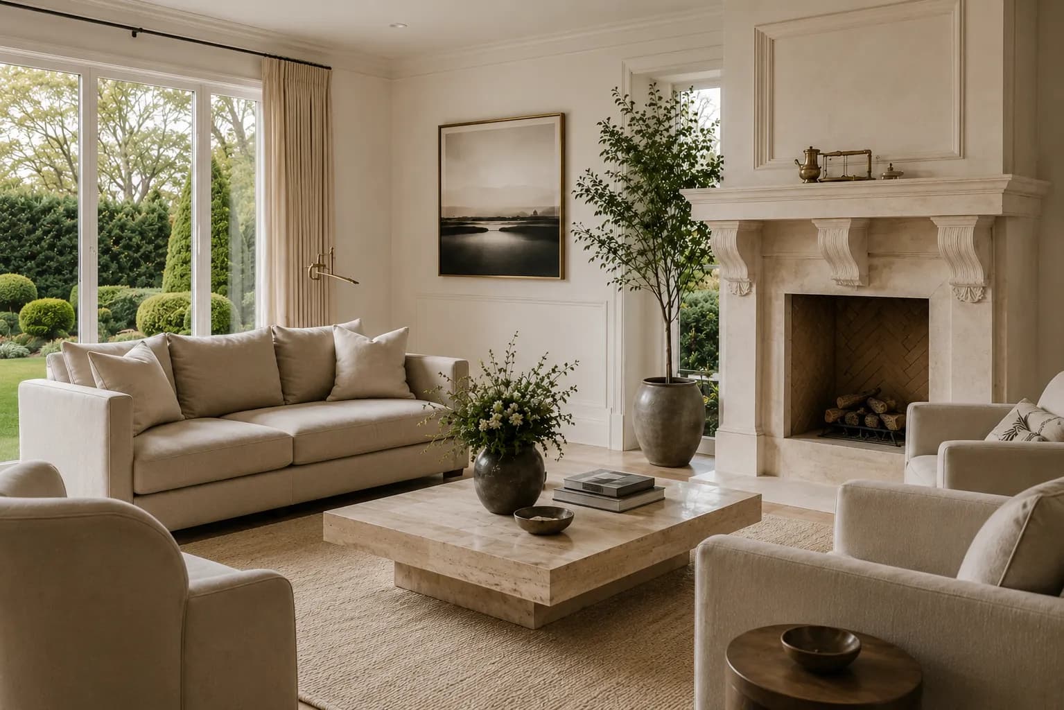 A living room with a carved stone fireplace and a linen sofa